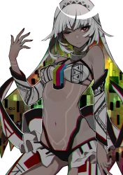Rule 34 | 10s, 1girl, altera (fate), arm at side, arm up, bandeau, bare shoulders, black nails, breasts, chromatic aberration, closed mouth, commentary request, dark-skinned female, dark skin, detached sleeves, fate/extella, fate/extra, fate (series), fingernails, highres, lam (ramdayo), long hair, long sleeves, looking at viewer, nail polish, navel, one eye closed, red eyes, revealing clothes, silver hair, simple background, small breasts, solo, veil, white background, white bandeau