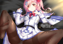 Rule 34 | 1girl, alister, bad id, bad pixiv id, bed, blush, feet, girls&#039; frontline, hexagram, highres, looking at viewer, lying, negev (girls&#039; frontline), no shoes, panties, panties under pantyhose, pantyhose, pink hair, red eyes, solo, star of david, toes, underwear