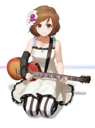 Rule 34 | 1girl, absurdres, brown eyes, brown hair, commentary, don&#039;t say &quot;lazy&quot;, electric guitar, english commentary, full body, guitar, highres, hirasawa yui, holding, holding instrument, instrument, k-on!, looking at viewer, pantyhose, short hair, sitting, smile, solo, striped clothes, striped pantyhose, vertical-striped clothes, vertical-striped pantyhose, white pantyhose, yidie