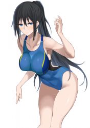 Rule 34 | 1girl, black hair, blue eyes, blue one-piece swimsuit, breasts, collarbone, competition swimsuit, cowboy shot, highres, large breasts, leaning forward, long hair, looking at viewer, one-piece swimsuit, original, parted lips, ponytail, ryou (ryoutarou), simple background, solo, standing, swimsuit, thigh gap, white background