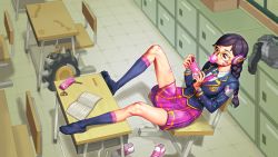 Rule 34 | 1girl, academy d.va, alternate hair color, alternate hairstyle, bandaid, bandaid on leg, bespectacled, black hair, blazer, book, braid, brown eyes, blowing bubbles, cellphone, chair, chewing gum, classroom, d.va (overwatch), facial mark, feet, full body, glasses, headphones, highres, jacket, junkrat (overwatch), leaning back, long legs, lyoung0j, name tag, official alternate costume, open book, overwatch, overwatch 1, pencil case, phone, pink neckwear, pink skirt, plaid, plaid skirt, playing games, school uniform, shoes, unworn shoes, sitting, skirt, smartphone, socks, solo, swept bangs, twin braids, whisker markings, wireless