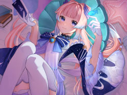 Rule 34 | 1girl, babydoll, blue bow, blue eyes, blunt bangs, book, bow, choker, closed mouth, colored tips, commentary request, feet out of frame, fish, genshin impact, gloves, gradient eyes, gradient hair, half gloves, highres, holding, holding book, index finger raised, knees up, long hair, looking at viewer, lying, mugita (mokankan), multicolored eyes, multicolored hair, on back, pink hair, purple hair, sangonomiya kokomi, shorts, smile, solo, thighhighs, twintails, two-tone hair, vision (genshin impact), white shorts, white thighhighs