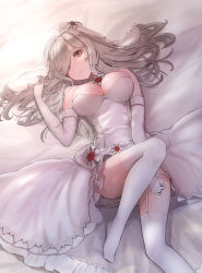 Rule 34 | 1girl, beret, blush, braid, breasts, bride, choker, cleavage, closed mouth, cowboy shot, cp (tlstjdghek), dress, flower, g36c (girls&#039; frontline), g36c (you who steps up) (girls&#039; frontline), garter straps, girls&#039; frontline, gloves, hair over one eye, hat, highres, knee up, large breasts, long hair, looking at viewer, lying, no panties, no shoes, official alternate costume, on back, red eyes, red flower, red rose, rose, side braid, silver hair, smile, solo, sparkle, thighhighs, very long hair, wedding dress, white dress, white gloves, white hat, white thighhighs