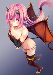 Rule 34 | 1girl, bare shoulders, black thighhighs, blush, boots, breasts, bridal gauntlets, cleavage, crossed arms, demon girl, demon horns, demon tail, demon wings, elbow gloves, from above, gloves, hair between eyes, highres, horns, irohara, long hair, looking at viewer, low-tied long hair, medium breasts, original, pink hair, pointy ears, red eyes, solo, tail, tears, thigh boots, thighhighs, wings