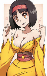 Rule 34 | 1girl, bare shoulders, black hair, breasts, brown eyes, cleavage, creatures (company), erika (pokemon), game freak, gym leader, hairband, japanese clothes, kimono, large breasts, nintendo, no bra, off shoulder, parted lips, pokemon, pokemon hgss, scott bennett, short hair, smile, solo, standing