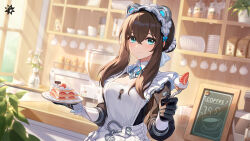 Rule 34 | 1girl, animal ears, apron, artist request, black dress, blue eyes, breasts, brooch, brown hair, cake, cake slice, calabiyau, cleavage, cleavage cutout, closed mouth, clothing cutout, dress, fake animal ears, food, fork, hair bun, highres, holding, holding fork, indoors, jewelry, long hair, long sleeves, looking at viewer, maid, maid apron, maid headdress, medium breasts, official alternate costume, official art, second-party source, sidelocks, smile, solo, upper body, wing collar, yvette (calabiyau)