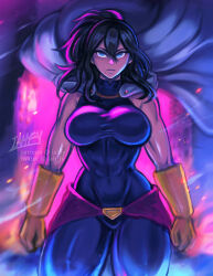 Rule 34 | 1girl, artist name, black hair, blue eyes, bodysuit, boku no hero academia, breasts, cape, commentary, cowboy shot, english commentary, gloves, hair between eyes, iahfy, large breasts, mature female, mole, mole under mouth, muscular, muscular female, patreon username, shimura nana, solo, twitter username, watermark