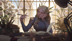 Rule 34 | 1girl, book, book stack, bored, braid, brown eyes, chair, commentary, dao trong le, desk, english commentary, flower, globe, hand on own face, highres, holding, holding pen, horns, long sleeves, multiple horns, open book, original, pen, quill, scroll, sitting, solo, vase, white hair, window