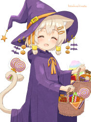 Rule 34 | 1girl, ^ ^, absurdres, animal ear fluff, animal ears, artist name, basket, blonde hair, blush, candy, candy cane, cat ears, cat girl, cat tail, closed eyes, facing viewer, female focus, fish hair ornament, flat chest, food, from side, hair ornament, hair ribbon, hairclip, halloween, hands up, happy, hat, hat ornament, hazakura hinata, highres, holding, holding basket, holding with tail, hood, hood down, hooded robe, lollipop, open mouth, orange ribbon, original, prehensile tail, purple hat, purple robe, ribbon, robe, short hair, sidelocks, signature, simple background, smile, solo, standing, star (symbol), tail, tail raised, white background, witch