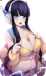 Rule 34 | 1girl, between breasts, black hair, blue eyes, blue shorts, blunt bangs, blush, breasts, cleavage, clothes pull, coat, collarbone, creatures (company), crop top, ddangbi, electricity, elesa (pokemon), fur coat, game freak, groin, headphones, highres, large breasts, long hair, low twintails, navel, nintendo, off shoulder, open mouth, pants, pants pull, pokemon, pokemon bw2, shirt pull, shorts, simple background, sleeveless, solo, stomach, teeth, twintails, two-tone shorts, upper teeth only, white background, yellow coat, yellow crop top, yellow shorts