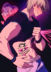 Rule 34 | 2boys, blonde hair, blush, character tattoo, clothes lift, commentary, gongnam, highres, lifting own clothes, male focus, multiple boys, pectorals, profile, scott pilgrim (series), scott pilgrim takes off, shirt lift, stomach tattoo, sweatdrop, tattoo, todd ingram, wallace wells, yaoi
