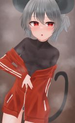 Rule 34 | 1girl, alternate costume, animal ears, black bodysuit, blush, bodysuit, bodysuit under clothes, breasts, commentary request, cowboy shot, dakuazu, grey hair, highres, jacket, looking at viewer, mouse ears, mouse girl, mouse tail, nazrin, off shoulder, open mouth, red eyes, red jacket, short hair, short ponytail, small breasts, solo, steaming body, tail, touhou, track jacket, unzipped