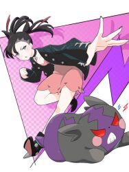Rule 34 | 1girl, :o, absurdres, black choker, black footwear, black hair, black jacket, boots, choker, commentary request, creatures (company), dress, eyelashes, floating hair, game freak, gen 8 pokemon, green eyes, hair ribbon, highres, jacket, lightning bolt symbol, long sleeves, looking to the side, marnie (pokemon), morpeko, morpeko (hangry), nail polish, nintendo, open clothes, open jacket, open mouth, outstretched arm, pink dress, pokemon, pokemon (creature), pokemon swsh, red ribbon, ribbon, twintails, umihisa1204