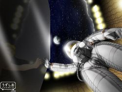 Rule 34 | 1girl, 2001 a space odyssey, astronaut, bad id, bad pixiv id, blonde hair, breasts, different reflection, earth (planet), large breasts, monolith (object), outdoors, reflection, solo, uzushio (uzusio)
