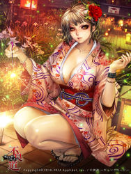 Rule 34 | 1girl, blonde hair, bracelet, breasts, brown eyes, cleavage, collarbone, dated, eyeshadow, fingernails, fireflies, fireworks, flower, furyou michi ~gang road~, garden, hair flower, hair ornament, highres, japanese clothes, jewelry, kimono, large breasts, light smile, lily (flower), long fingernails, looking at viewer, lots of jewelry, makeup, mole, nail polish, night, obi, original, outdoors, plant, red flower, red rose, rose, sandals, sash, short hair, solo, sparkler, squatting, tile floor, tiles, toes, xaxak