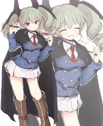 Rule 34 | 1girl, anchovy (girls und panzer), black cape, black footwear, black ribbon, blue jacket, blush, boots, cape, closed eyes, commentary, dress shirt, drill hair, fang, flying sweatdrops, getsumen suibaku ver. a(c), girls und panzer, green hair, hair ribbon, highres, holding, holding riding crop, jacket, knee boots, light blush, long hair, long sleeves, looking at viewer, maginot military uniform, miniskirt, multiple views, necktie, open mouth, outline, pleated skirt, red eyes, red neckwear, ribbon, riding crop, shirt, simple background, skin fang, skirt, smile, standing, twin drills, twintails, twitter username, white background, white outline, white shirt, white skirt, wing collar, zoom layer
