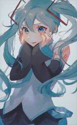 Rule 34 | 1girl, arm tattoo, black sleeves, blue eyes, blue hair, blue nails, blue necktie, blush, commentary request, detached sleeves, floating hair, hair between eyes, hand on own cheek, hand on own face, hatsune miku, highres, looking to the side, machida 0906, necktie, simple background, skirt, solo, tattoo, twintails, upper body, vocaloid