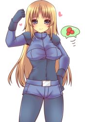Rule 34 | 1girl, adapted costume, alien, bad id, bad pixiv id, belt, blonde hair, blue eyes, blush, bodysuit, breasts, clenched hands, covered navel, cowboy shot, crop top, flying, gloves, hand on own hip, hand up, heart, hip focus, large breasts, light brown hair, light smile, long hair, metroid, metroid (creature), metroid fusion, monster, motion lines, nintendo, parted bangs, raised fist, ran komomo, samus aran, short shorts, shorts, shoulder pads, smile, sports bra, taut clothes, turtleneck, very long hair
