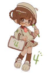 Rule 34 | 1girl, absurdres, brown-framed eyewear, brown eyes, brown hair, brown socks, closed mouth, creatures (company), full body, game freak, gen 2 pokemon, glasses, hair ornament, hairclip, highres, holding, holding paintbrush, kneehighs, long sleeves, looking at viewer, narumame, nintendo, paint, paintbrush, personification, pokemon, short hair, smeargle, socks, solo, tongue, tongue out