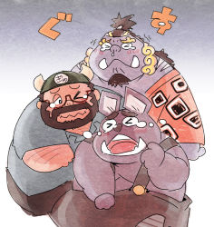 Rule 34 | beard, black hair, character request, crossover, dragon ball, dragonball z, facial hair, fangs, fat, fat man, glasses, horns, jinbe (one piece), monster boy, one piece, overalls, ox king, tears