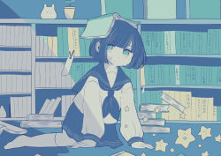 Rule 34 | 1girl, awaya yawako, blue theme, book, book on head, book stack, bookshelf, commentary request, crying, crying with eyes open, full body, highres, kneehighs, kneeling, library, long sleeves, looking at viewer, object on head, original, plant, pleated skirt, potted plant, school uniform, serafuku, shirt, short hair, skirt, socks, star (symbol), tears, translation request