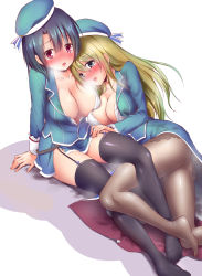 Rule 34 | 10s, 2girls, arm support, atago (kancolle), beret, black gloves, black hair, black legwear, blonde hair, blush, breasts, brown legwear, cleavage, collarbone, garter straps, gloves, green eyes, hand on another&#039;s thigh, hat, head on another&#039;s shoulder, heavy breathing, highres, kantai collection, large breasts, long hair, looking at viewer, lying, lying on person, military, military uniform, multiple girls, no shoes, on side, open clothes, open mouth, open shirt, panties, panties under pantyhose, pantyhose, red eyes, shirt, simple background, sitting, sweat, takao (kancolle), tearing up, tears, thighhighs, unbuttoned, underwear, uniform, white background, yamamoto arifred, yuri