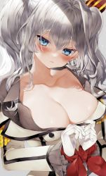 Rule 34 | 1girl, blue eyes, blush, bound, bound wrists, breasts, brown shirt, cleavage, closed mouth, commentary request, epaulettes, frilled sleeves, frills, gloves, grey background, hair between eyes, highres, irokiiro, jacket, kantai collection, kashima (kancolle), large breasts, long hair, looking at viewer, military, military uniform, off shoulder, open clothes, open jacket, open shirt, shirt, silver hair, simple background, solo, twintails, uniform, upper body, white gloves
