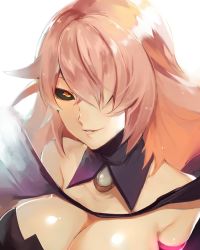 Rule 34 | 1girl, bad id, bad twitter id, bare shoulders, black sclera, blazblue, blazblue: central fiction, breasts, cleavage, colored sclera, hair over one eye, highres, konoe a. mercury, large breasts, long hair, looking at viewer, lor (roasyerizyonirapi), pink hair, simple background, smile, solo, white background, witch, yellow eyes