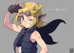 Rule 34 | 1girl, ;), ansatsu princess (vocaloid), blonde hair, fingerless gloves, gloves, grey background, grin, kagamine rin, logo, looking at viewer, midriff, one eye closed, open clothes, open vest, pairan, salute, simple background, sleeveless, smile, solo, song name, tattoo, upper body, vest, vocaloid