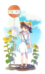 Rule 34 | 1girl, arm at side, bag, bare arms, blue sky, blush, brown eyes, brown hair, bus stop, cloud, commentary request, day, dress, eating, flower, food, full body, hat, hat flower, hat ribbon, highres, holding, holding food, looking to the side, original, outdoors, popsicle, ribbon, road sign, sailor collar, sailor dress, sandals, shiramori sawa, short hair, shoulder bag, side ponytail, sign, sky, sleeveless, sleeveless dress, solo, standing, summer, sun hat, sunflower, watermelon bar, white dress, white ribbon