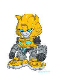 Rule 34 | autobot, blue eyes, chibi, clenched hands, highres, horns, jeulove-sma11-white, mecha, no humans, redesign, robot, smirk, solo, standing, transformers, white background