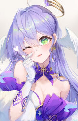 Rule 34 | 1girl, ;d, bare shoulders, breasts, cleavage, commentary request, detached collar, gloves, green eyes, head tilt, head wings, highres, honkai: star rail, honkai (series), long hair, medium breasts, one eye closed, open mouth, pistachiocream, purple hair, robin (honkai: star rail), smile, solo, upper body, very long hair, white gloves, wings