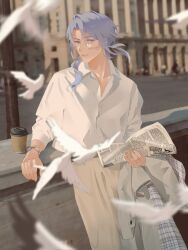 Rule 34 | 1boy, bishounen, brown pants, cheong1110, coffee cup, collared shirt, cup, disposable cup, genshin impact, highres, holding, holding newspaper, kamisato ayato, light purple hair, male focus, newspaper, pants, parted lips, purple eyes, shirt, smile, solo, teeth, dove, white shirt