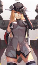 Rule 34 | 10s, 1girl, absurdres, bare shoulders, bismarck (kancolle), black gloves, black panties, blonde hair, blue eyes, breasts, cameltoe, detached sleeves, gloves, gradient background, grey thighhighs, hand on own hip, hat, highres, kantai collection, large breasts, long hair, long sleeves, looking at viewer, machinery, military, military hat, military uniform, nian (zhanian), no pants, panties, revision, solo, thighhighs, thighs, underwear, uniform, very long hair
