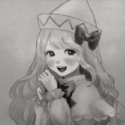 Rule 34 | 1girl, :d, blush, bow, capelet, dress, greyscale, hat, highres, lily white, long hair, long sleeves, looking at viewer, monochrome, nagi milk, open mouth, smile, solo, touhou