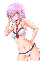 Rule 34 | 1girl, adjusting eyewear, alternate costume, between breasts, blush, bra, breasts, contrapposto, cowboy shot, crotch seam, fate/grand order, fate (series), frown, glasses, gluteal fold, hair over one eye, hand on own hip, highres, lace, lace-trimmed bra, lace-trimmed panties, lace trim, light blush, light purple hair, looking at viewer, mash kyrielight, medium breasts, navel, necktie, open mouth, panties, purple eyes, red necktie, sarujie (broken monky), short hair, simple background, solo, standing, underwear, underwear only, white background, white bra, white panties