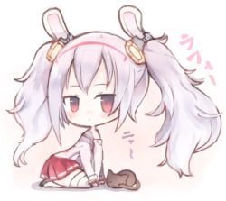 Rule 34 | 1girl, :&lt;, animal, animal ears, azur lane, bad id, bad pixiv id, blush, cat, chibi, closed mouth, commentary request, full body, hair ornament, hairband, jacket, kotatu (akaki01aoki00), laffey (azur lane), long hair, long sleeves, looking at viewer, looking to the side, pink jacket, pleated skirt, rabbit ears, red eyes, red hairband, red skirt, sidelocks, silver hair, skirt, solo, thighhighs, translation request, twintails, very long hair, white thighhighs