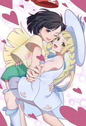Rule 34 | 2girls, :d, ;d, arm around waist, bare shoulders, black eyes, black hair, blonde hair, braid, commentary request, creatures (company), dress, floral print shirt, game freak, green eyes, green shorts, hat, heart, highres, holding hands, lillie (pokemon), long hair, mocacoffee 1001, multiple girls, nintendo, one eye closed, open mouth, pokemon, pokemon sm, red hat, selene (pokemon), shirt, short hair, shorts, sleeveless, sleeveless dress, smile, twin braids, white dress, white hat, yellow shirt, yuri