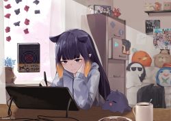 Rule 34 | 1girl, absurdres, ao-chan (ninomae ina&#039;nis), bedroom, blunt bangs, chest of drawers, coffee, commentary, cookie, drawing, drawing tablet, english commentary, food, gradient hair, hand on own cheek, hand on own face, highres, hololive, hololive english, holostars, hood, hoodie, indoors, long hair, looking at object, multicolored hair, namiorii, ninomae ina&#039;nis, pointy ears, poster (object), purple hair, smile, solo, stuffed toy, sweater, table, takodachi (ninomae ina&#039;nis), tentacle hair, upper body, virtual youtuber