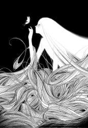 Rule 34 | 1girl, absurdly long hair, androgynous, animal, bug, butterfly, completely nude, entangled, flat chest, from side, greyscale, hand up, highres, insect, leaning forward, long hair, looking at animal, monochrome, nude, original, profile, reaching, sae sae, simple background, very long hair
