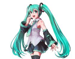 Rule 34 | 1girl, :d, aqua eyes, aqua hair, black thighhighs, blush, breasts, collarbone, cowboy shot, detached sleeves, hatsune miku, headphones, headset, long hair, miniskirt, necktie, open mouth, segamark, simple background, skirt, small breasts, smile, solo, tattoo, thighhighs, twintails, very long hair, vocaloid, white background, zettai ryouiki