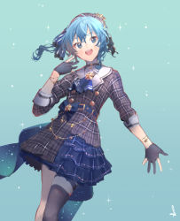 Rule 34 | 1girl, ;d, aqua background, asymmetrical legwear, belt, black gloves, blue eyes, blue hair, blue neckwear, bow, bracelet, buttons, choker, cowboy shot, double-breasted, dress, gloves, grey hat, hair between eyes, hat, hololive, hoshimachi suisei, hoshimachi suisei (1st costume), jewelry, one eye closed, open mouth, outstretched arm, outstretched hand, partially fingerless gloves, plaid, plaid dress, plaid headwear, shijohane, sleeve cuffs, smile, solo, sparkle, star (symbol), star bracelet, star in eye, starry sky print, symbol in eye, uneven legwear, virtual youtuber, wide ponytail