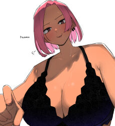 Rule 34 | 1girl, blush, breasts, cleavage, dark-skinned female, dark skin, earrings, english text, jewelry, large breasts, looking at viewer, ohasi, original, pink (ohasi), pink hair, short hair, simple background, solo, sweat, underwear, white background