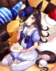 Rule 34 | animal ears, black hair, blue flower, blue hat, blue rose, bow, bowtie, cake, flower, food, fork, hair over one eye, hat, hat flower, highres, holding, holding fork, holding plate, horse ears, horse girl, horse tail, horseshoe ornament, long hair, looking at viewer, miniskirt, no shoes, over-kneehighs, plate, pleated skirt, puffy short sleeves, puffy sleeves, purple bow, purple bowtie, purple eyes, purple serafuku, purple shirt, rice shower (umamusume), rose, sailor collar, sailor shirt, sakuraha (cross ima), school uniform, serafuku, shirt, short sleeves, sitting, skirt, strawberry cake, tail, thighhighs, tilted headwear, tracen school uniform, umamusume, utensil in mouth, wariza, white skirt, white thighhighs