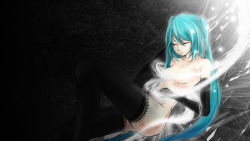 Rule 34 | 1girl, aqua hair, censored, convenient censoring, elbow gloves, closed eyes, gloves, hatsune miku, highres, lace, lace-trimmed legwear, lace trim, light, long hair, nude, solo, t@kumi, thighhighs, twintails, very long hair, vocaloid