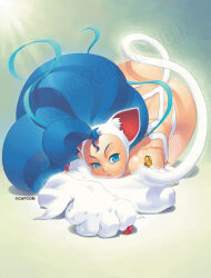 Rule 34 | 1girl, animal ears, animal hands, artist request, big hair, blue eyes, blue hair, body fur, bug, butterfly, cat ears, cat girl, cat tail, claws, felicia (vampire), fluffy hair, highres, insect, light rays, long hair, official art, second-party source, slit pupils, solo, squatting, tail, vampire (game), watermark, white tail