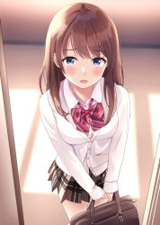 Rule 34 | 1girl, bag, blue eyes, blush, breasts, brown hair, cardigan, collared shirt, commentary request, dress shirt, grey skirt, highres, holding, holding bag, indoors, long hair, long sleeves, looking at viewer, medium breasts, original, parted lips, plaid, plaid skirt, pleated skirt, school bag, school uniform, shirt, skirt, sleeves past wrists, solo, standing, white cardigan, white shirt, yukimaru217