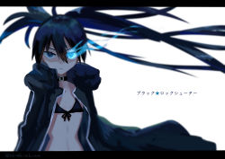 Rule 34 | 1girl, absurdres, belt collar, black bra, black jacket, black rock shooter, black rock shooter (character), blue eyes, blue hair, bra, character name, collar, commentary, copyright name, dark blue hair, flaming eye, flat chest, highres, hood, hooded jacket, jacket, light frown, long hair, looking at viewer, pale skin, ponytail, skinny, solo, tatyaoekaki, translated, underwear, upper body, v-shaped eyebrows, very long hair, white background
