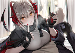 Rule 34 | 1other, 3girls, ahoge, amiya (arknights), arknights, black gloves, black jacket, blush, breasts, breath, brown eyes, commentary request, deras, gloves, grey shirt, grin, hair between eyes, hands up, horns, index finger raised, indoors, jacket, kal&#039;tsit (arknights), large breasts, looking at viewer, multiple girls, nail polish, open clothes, open jacket, parted lips, pov, red nails, shirt, short hair, silver hair, smile, solo focus, tail, w (arknights)