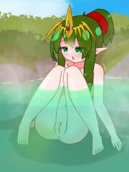 Rule 34 | 1024 edamame, 1girl, anus, blush, cleft of venus, fire emblem, fire emblem: mystery of the emblem, fire emblem heroes, green eyes, green hair, hair tied back, highres, navel, nintendo, nude, onsen, open mouth, peeing, pointy ears, pussy, red ribbon, ribbon, steam, sweat, tiara, tiki (fire emblem), uncensored, water
